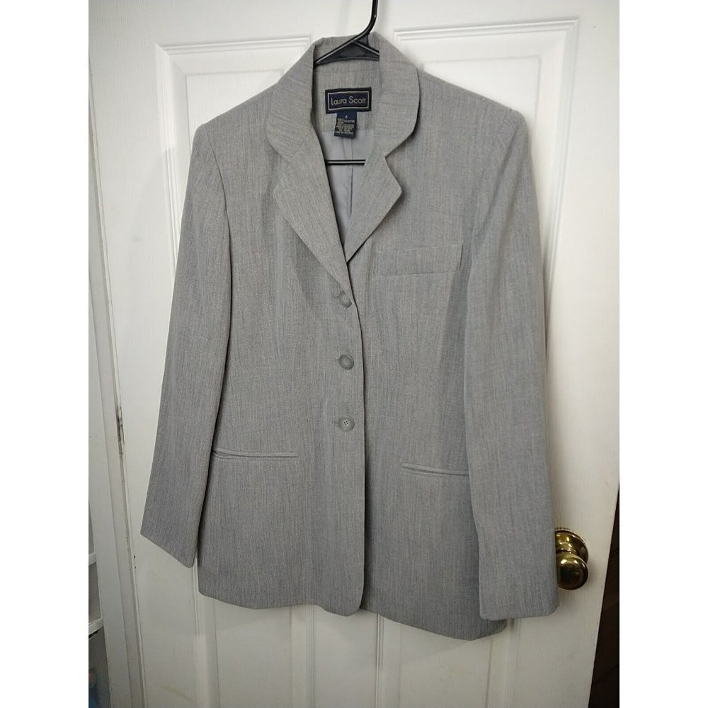 Laura Scott Grey Collared Lined Three Button Close Career Jacket Size 8